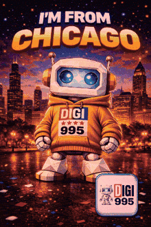 a poster with a robot wearing a hoodie that says ' i 'm from chicago '