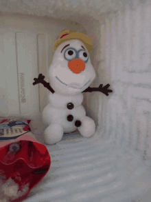 a stuffed snowman is sitting in a freezer next to a bag of m&ms