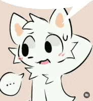 a drawing of a white cat with a speech bubble