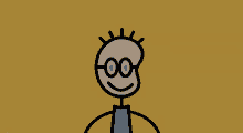 a stick figure with glasses and a blue shirt is smiling