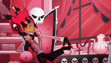 a cartoon character with a skull on his head sits at a table