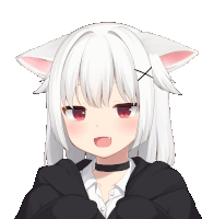 a girl with white hair and cat ears has an x on her hair