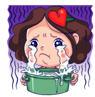 a cartoon of a woman crying while holding a pot of soup