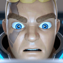 a close up of a man 's face with big blue eyes
