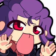 a cartoon character with purple hair and red eyes sticking out her tongue