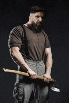 a man with a beard is holding an axe