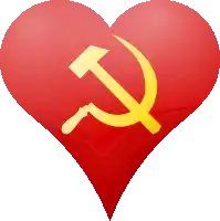 a red heart with a yellow hammer and sickle symbol on it