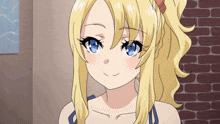 a blonde anime girl with blue eyes and a ponytail