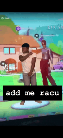 a man in a white shirt is dancing in a video game while a woman in red pants is standing behind him .