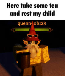 a gnome wearing sunglasses and a red hat says here take some tea and rest my child quennobi23