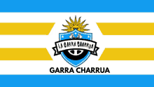 a logo for la garra charrua with a blue and yellow striped background