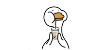 a duck is drinking from a cup with a straw in its beak .