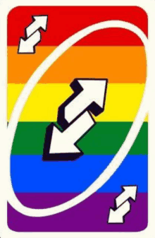 the back of a rainbow uno card with two arrows pointing in opposite directions .