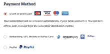 a screenshot of a payment method page with visa mastercard and paypal options