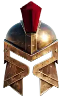 a spartan helmet with a red crest on top of it