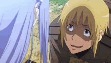 a man with blonde hair and blue eyes looks at a woman with long blue hair