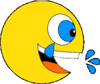 a cartoon smiley face with blue eyes and a tear coming out of it 's mouth