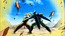 a cartoon of a man and a robot fighting each other in a field .