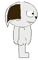 a pixel art drawing of a dog with a brown ear