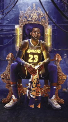 basketball player sitting on a throne with the number 23 on his jersey