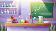 a cartoon illustration of a chemical laboratory with a chalkboard