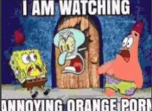 spongebob and patrick are standing next to each other in front of a wooden door while watching orange porn .