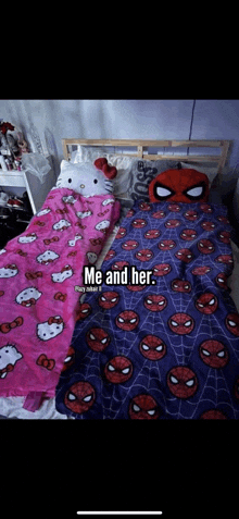 two beds with hello kitty and spider-man blankets on them