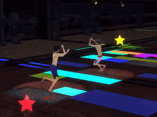 a man and a woman are dancing in a video game with stars in the background