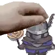 a pixel art of a hand holding a sword over a knight .