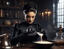 a woman in a black outfit is pouring something into a bowl with a spoon