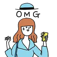 a cartoon of a woman wearing a hat and holding a cell phone with the word omg written above her .