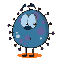 a cartoon drawing of a blue virus with purple spots