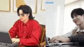 a man in a red shirt is typing on a laptop next to a man in a plaid shirt