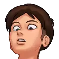 a cartoon boy with brown hair is making a surprised face .