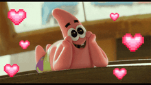 patrick star from spongebob squarepants is surrounded by pixelated pink hearts