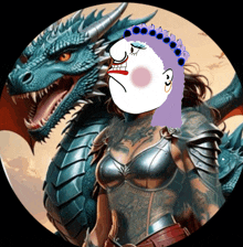 a woman in armor stands in front of a blue dragon