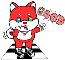 a cartoon drawing of a red dog giving a thumbs up with the word good above him