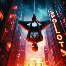 a poster of a spider man hanging from a rope with a neon sign behind him that says spoloi