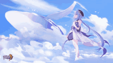 a girl in a white dress is standing in the clouds with a whale behind her