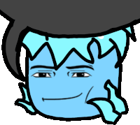 a drawing of a blue face with a black hat on