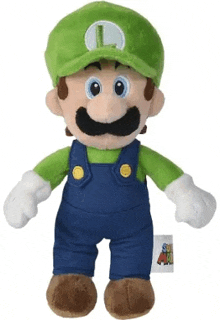 a stuffed mario with overalls and a green hat is standing on a white background .