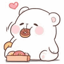 a white teddy bear is eating a donut from a box .