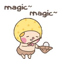 a cartoon character is holding a basket with an egg in it and the words magic magic behind him