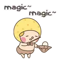 a cartoon character is holding a basket with an egg in it and the words magic magic behind him