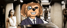 a cartoon of a dog wearing a suit and tie is smiling .