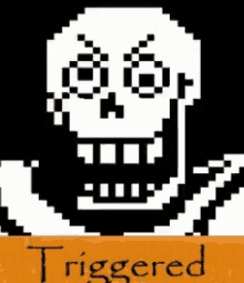 a pixel art of a skull with the word triggered below it