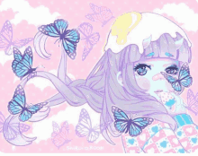 a girl with purple hair and butterflies on her face is wearing a cupcake hat .