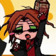 a cartoon character is holding up a bottle of soda