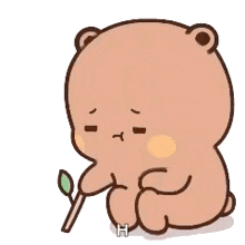 a cartoon teddy bear is sitting down holding a stick and a leaf .