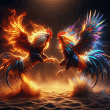 a painting of two roosters with flames on their wings